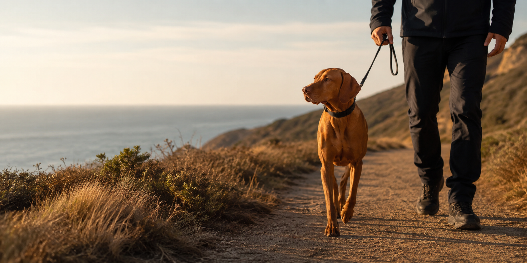 Dog and owner on a coastal trail